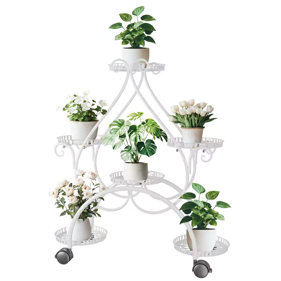 White metal multi-tier rolling plant rack holding potted plants on wheels.