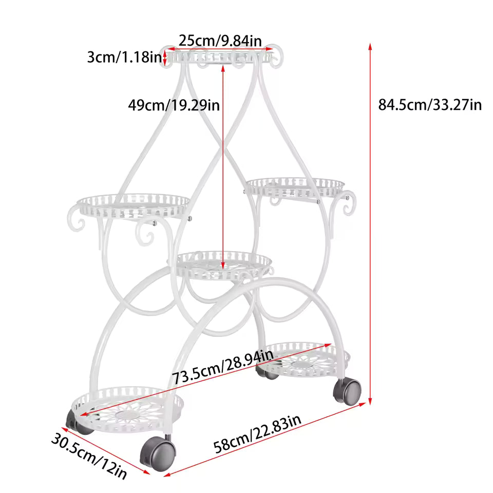6-tier white metal plant stand with rolling wheels and product dimension measurements.