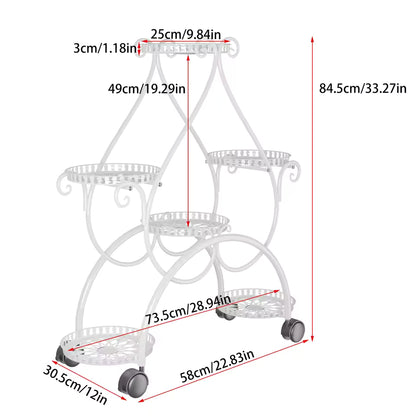 6-tier white metal plant stand with rolling wheels and product dimension measurements.