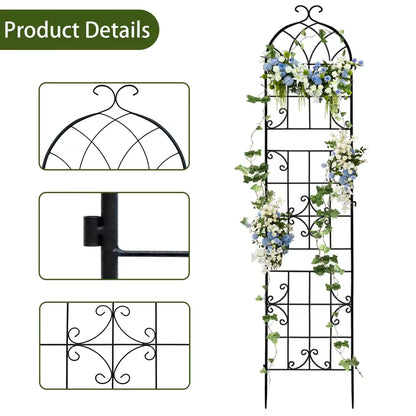 Arched black metal garden trellis with climbing vines and flowers, detailing top, frame, and lattice patterns.