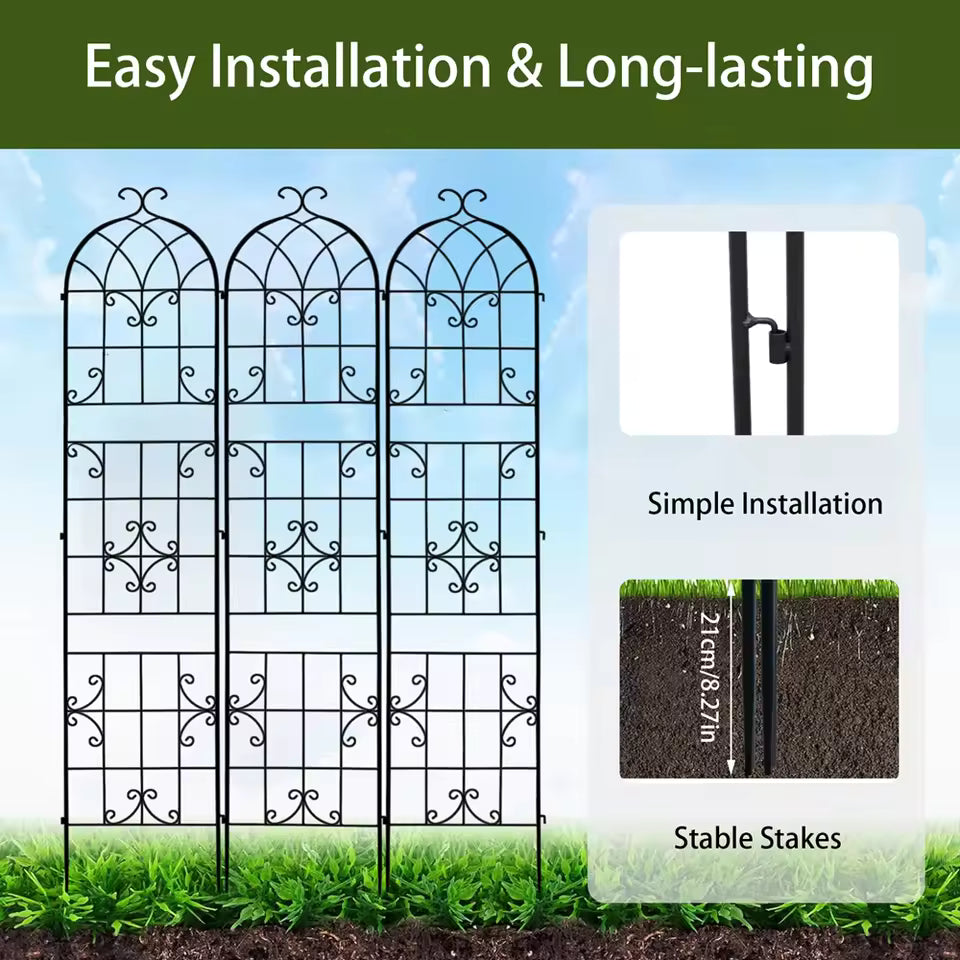 Three black metal garden trellis panels connected together, showing installation and stake details.