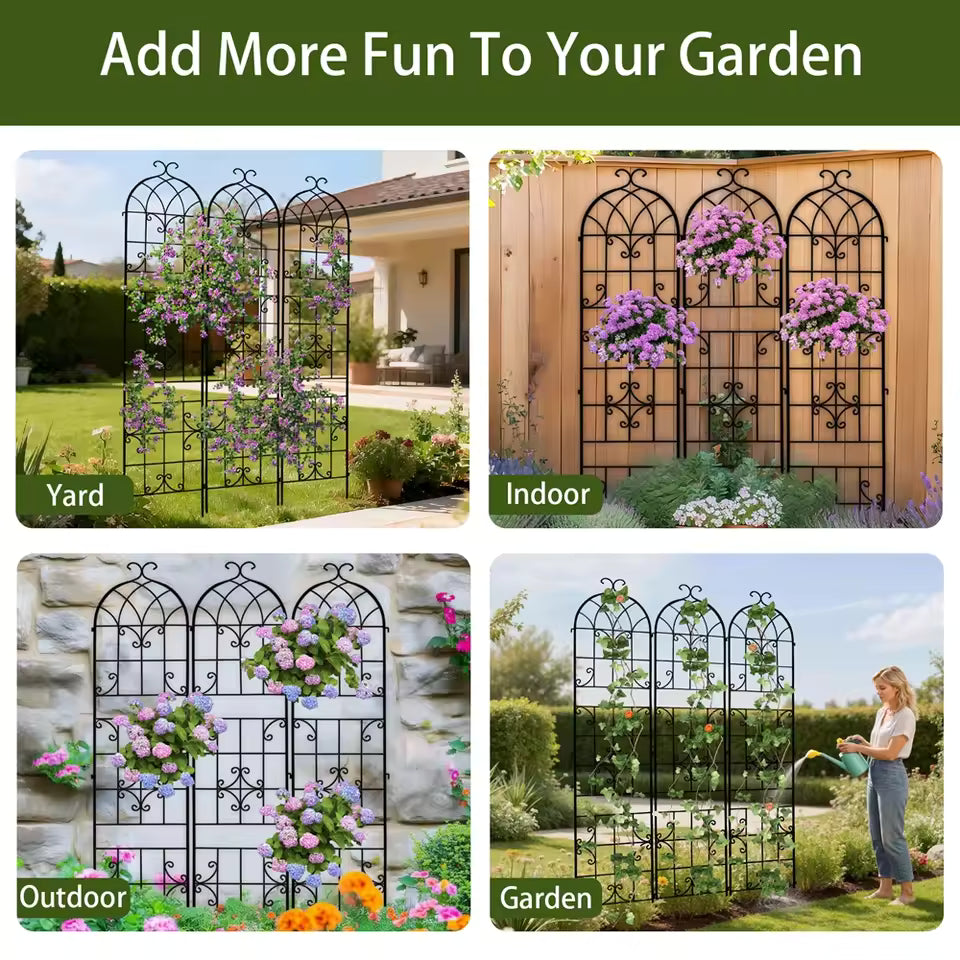 Four-panel grid showing arched metal garden trellises styled in yard, indoor, outdoor, and garden settings.