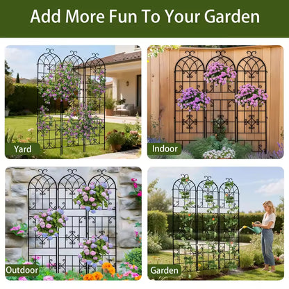 Four-panel grid showing arched metal garden trellises styled in yard, indoor, outdoor, and garden settings.