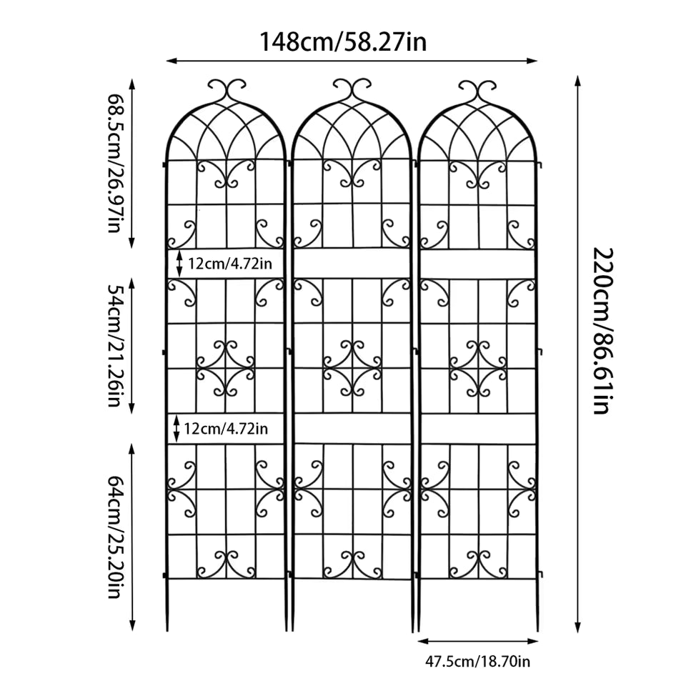 Dimension diagram for a 3-panel black metal garden trellis screen.