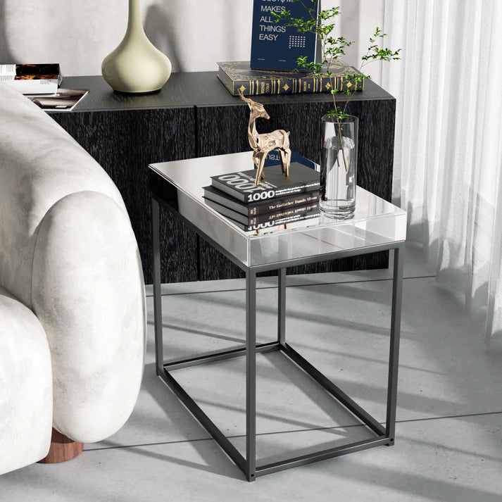 Rectangular Mirrored End Table Glam Side Table with Silver Mirror Glass Shelf