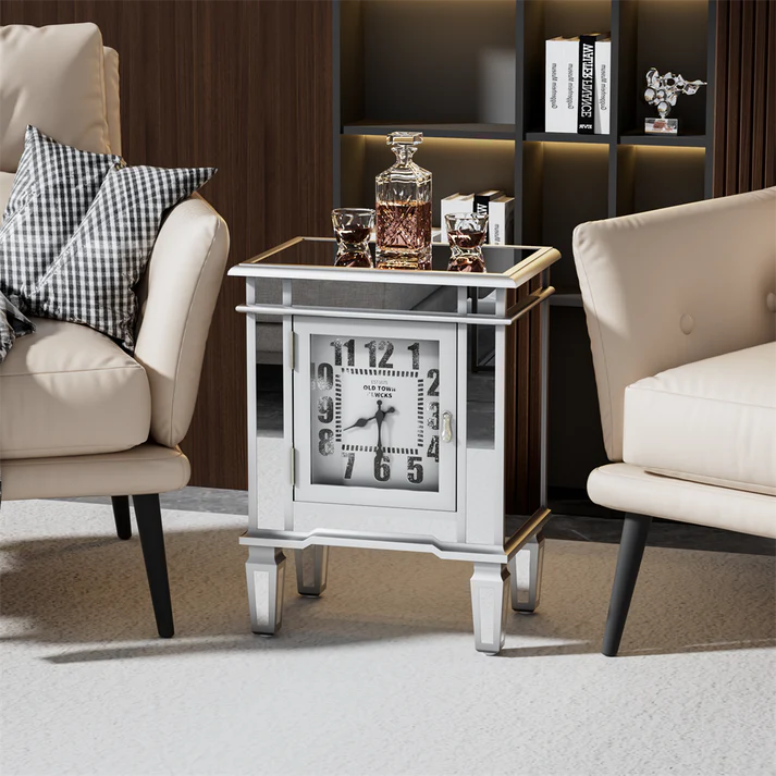 Luxury Silver Mirror Side Table with Arabic Numerals Clock, Ingenious Furniture