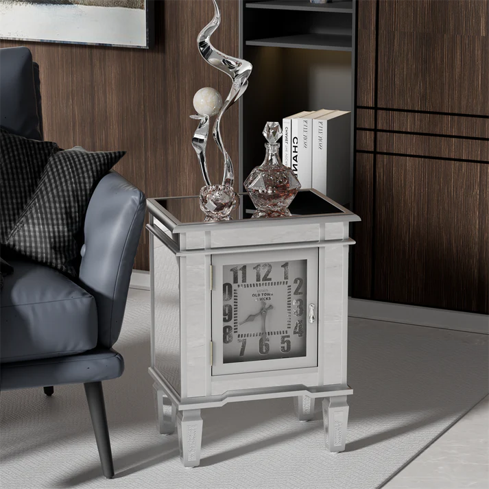 Luxury Silver Mirror Side Table with Arabic Numerals Clock, Ingenious Furniture