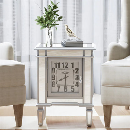 Luxury Silver Mirror Side Table with Arabic Numerals Clock, Ingenious Furniture