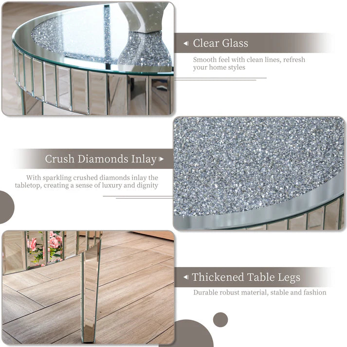 Clear Mirrored Center Coffee Table with Crystal Diamond Inlay Accent