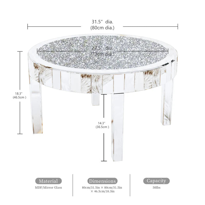 Clear Mirrored Center Coffee Table with Crystal Diamond Inlay Accent