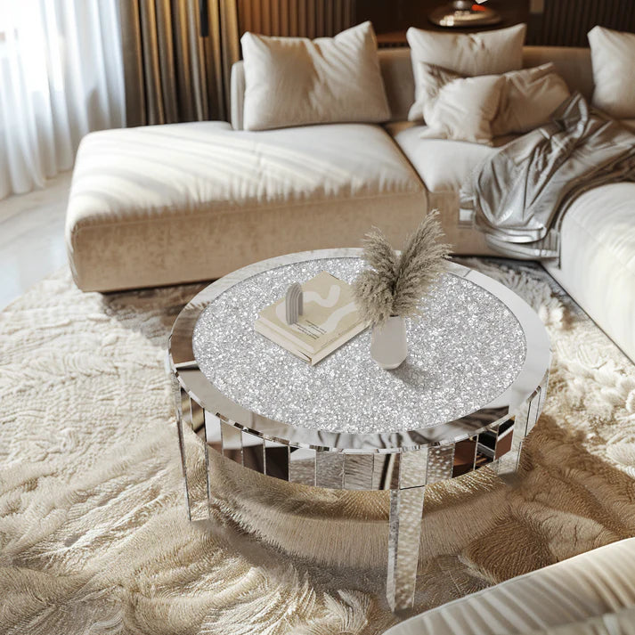 Clear Mirrored Center Coffee Table with Crystal Diamond Inlay Accent