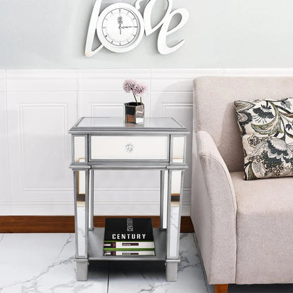 Silver Glass Mirrored Sofa Side Table Nightstand Table with Open Shelf