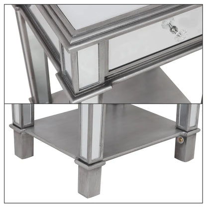 Silver Glass Mirrored Sofa Side Table Nightstand Table with Open Shelf