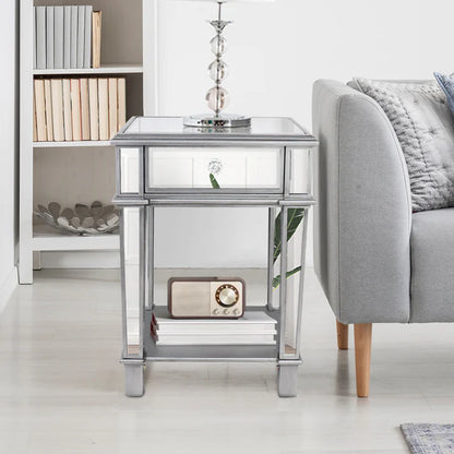 Silver Glass Mirrored Sofa Side Table Nightstand Table with Open Shelf