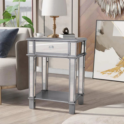 Silver Glass Mirrored Sofa Side Table Nightstand Table with Open Shelf