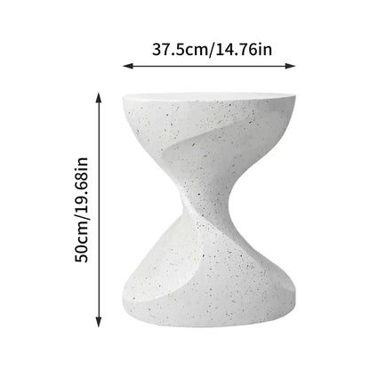 Dimension diagram of a white twisted hourglass side table showing width and height measurements.