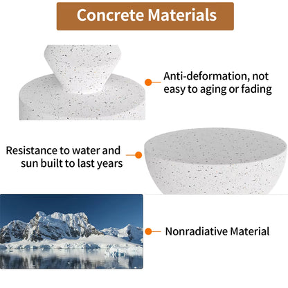 Modern white terrazzo-style concrete side table showcasing durable, weather-resistant materials.