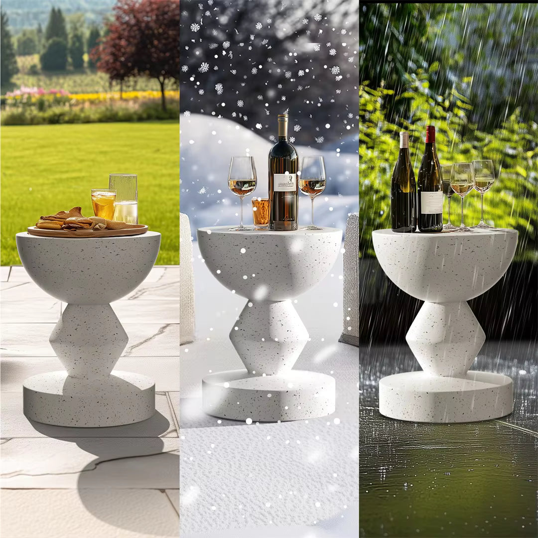 White terrazzo sculptural side table displayed across sunny, snowy, and rainy outdoor settings.