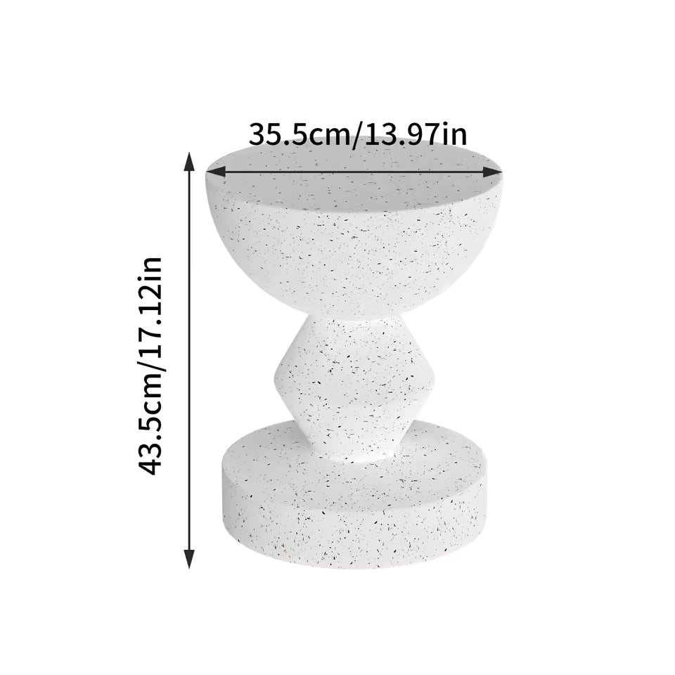 White terrazzo-style concrete side table with geometric pedestal design and dimension labels.