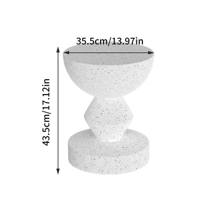 White terrazzo-style concrete side table with geometric pedestal design and dimension labels.
