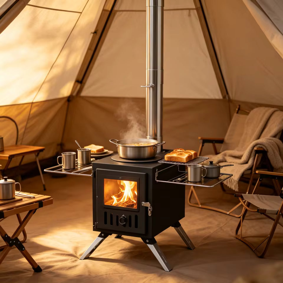 Black tent wood stove with burning fire, top cooking pot, side racks, and tall chimney inside canvas tent.