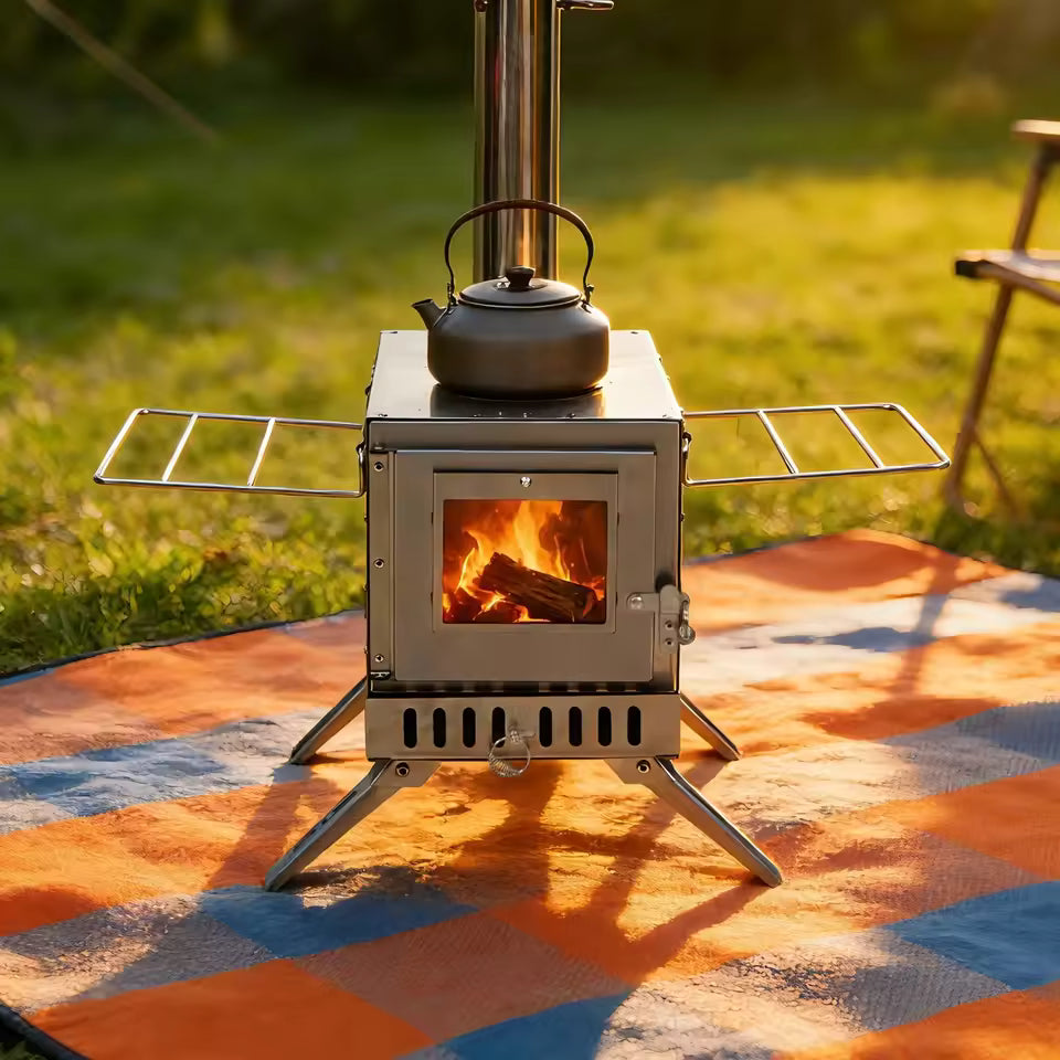 Portable stainless steel wood stove with a burning fire inside, kettle on top, and side racks attached.