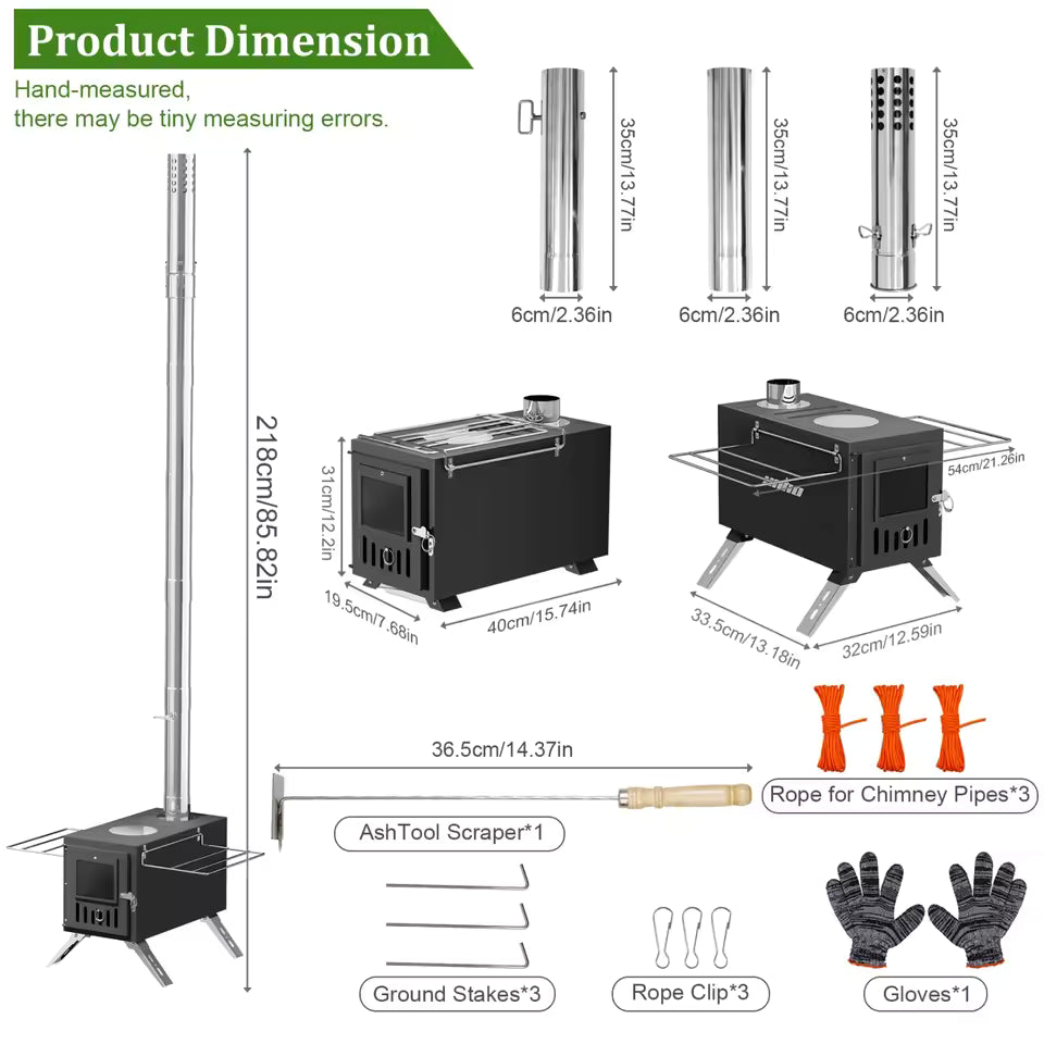 Product dimension diagram for a portable wood-burning tent stove with included accessories.