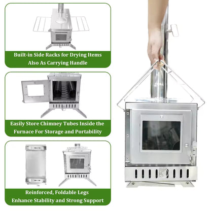 Stainless steel portable camping wood stove with foldable legs, side racks, and chimney pipe storage.