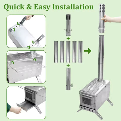 Diagram showing assembly steps and chimney pipe setup for a portable stainless steel wood stove.