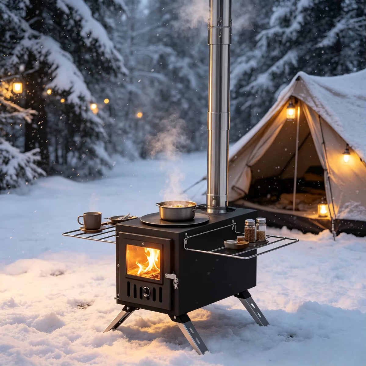 Portable wood-burning tent stove with chimney pipe setup in snow next to a lit winter tent.