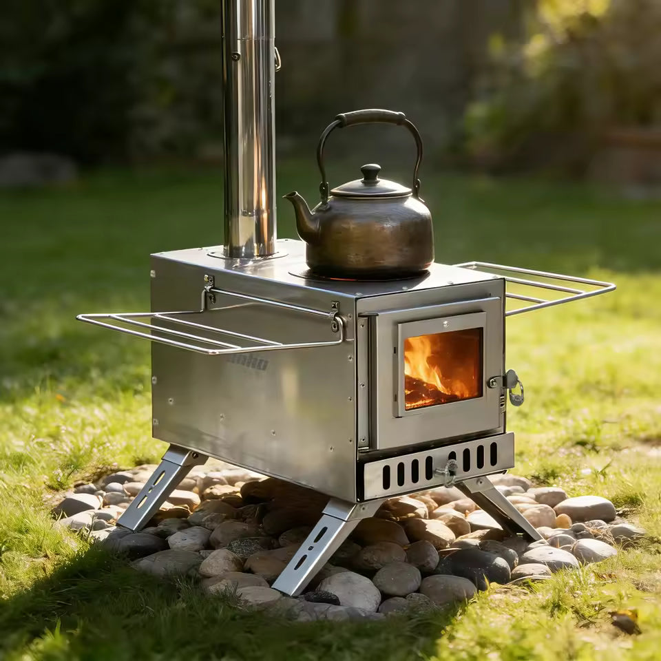 Stainless steel wood stove with a burning fire, kettle on top, and side racks set on rocks outdoors.