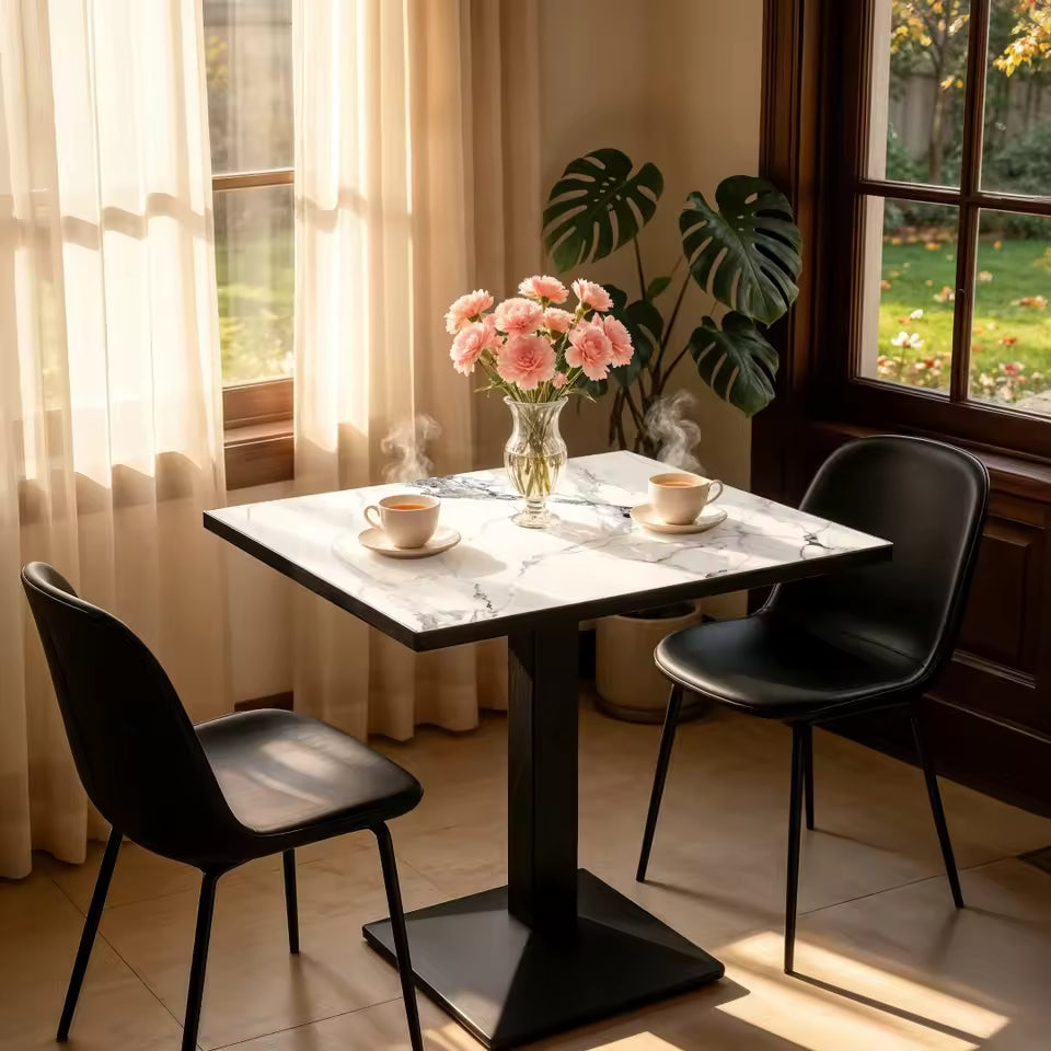 Square marble-top bistro dining table with a black pedestal base and two black chairs.