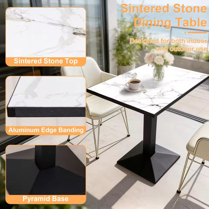Rectangular white marble sintered stone dining table with black pyramid pedestal base.