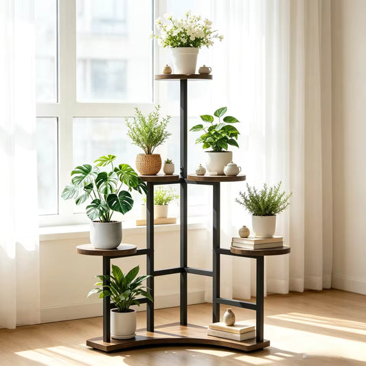 Tall multi-tier corner plant stand display holding various potted plants near a bright window.
