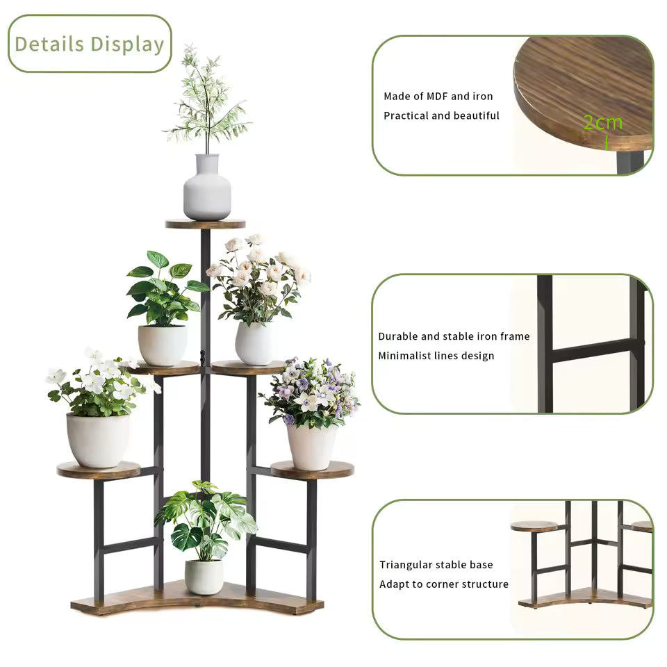 Multi-tier corner plant stand holding potted flowers, showcasing material and structural details.
