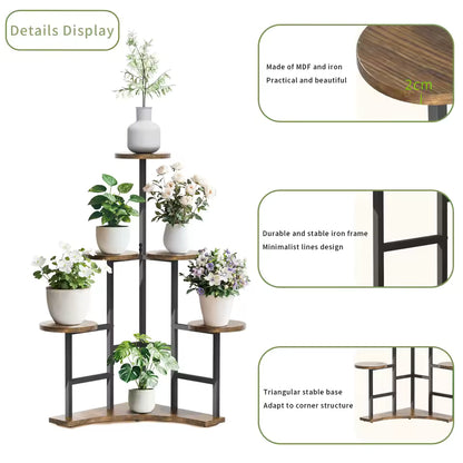 Multi-tier corner plant stand holding potted flowers, showcasing material and structural details.