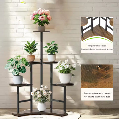 Multi-tier corner plant stand holding potted plants with feature callouts.
