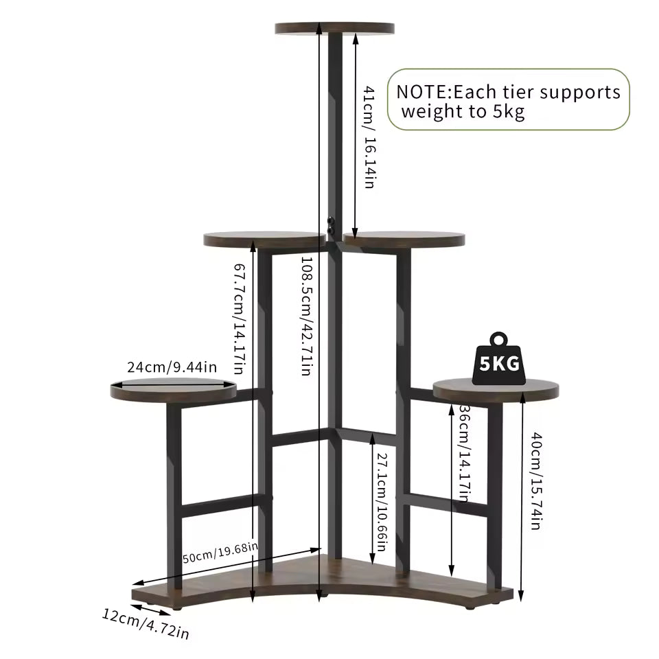 5-tier corner plant stand diagram showing product dimensions and a 5 kg weight limit per tier.