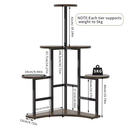 5-tier corner plant stand diagram showing product dimensions and a 5 kg weight limit per tier.