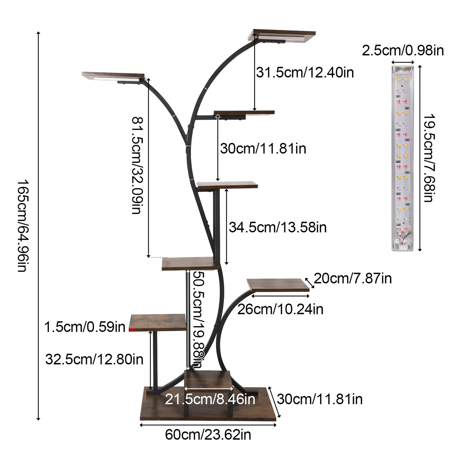 Dimension diagram for a tall curved plant stand with grow lights and multiple shelves.