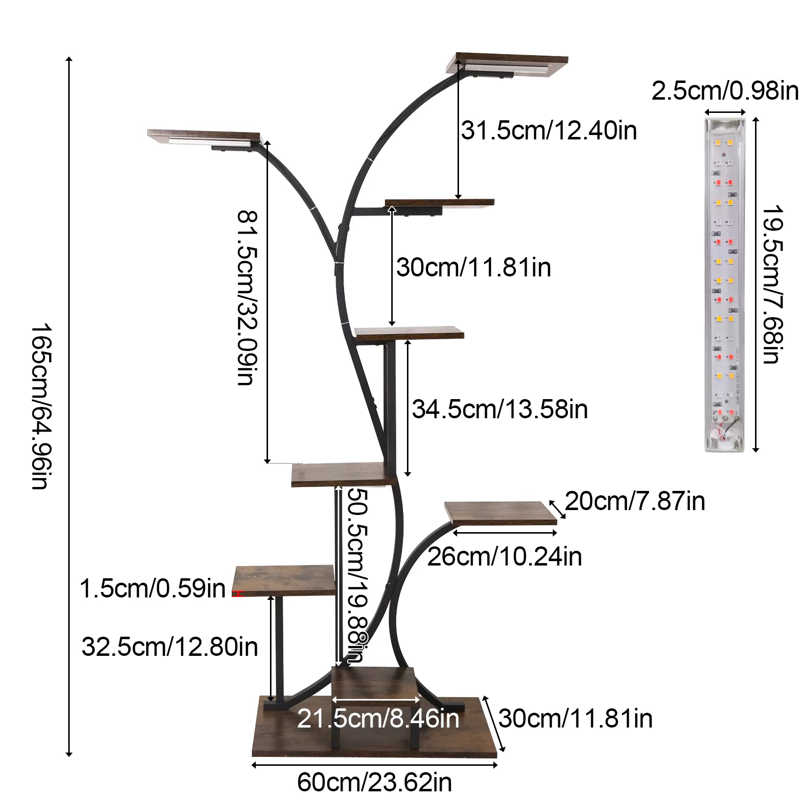 Dimension diagram for a tall curved plant stand with grow lights and multiple shelves.