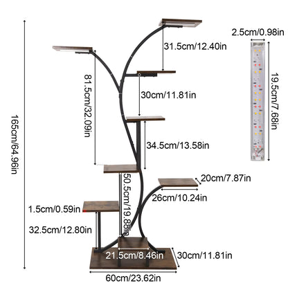 Dimension diagram for a tall curved plant stand with grow lights and multiple shelves.