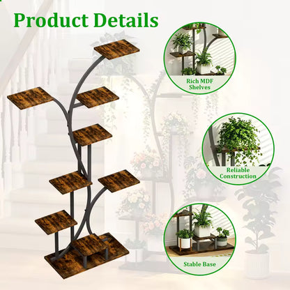 Product details diagram for a multi-tiered wooden and metal plant stand with feature insets.