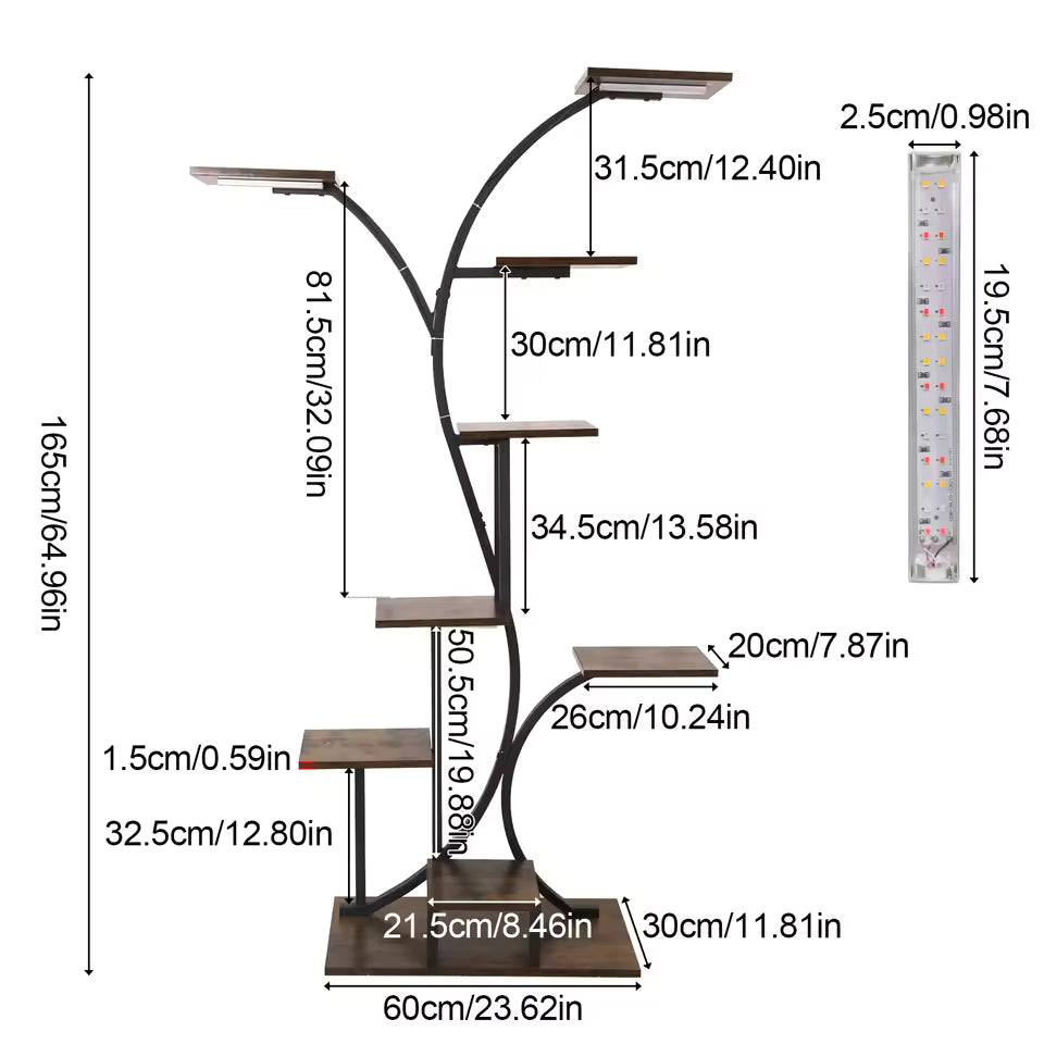 Dimension diagram for a multi-tiered corner plant stand with attached grow lights.