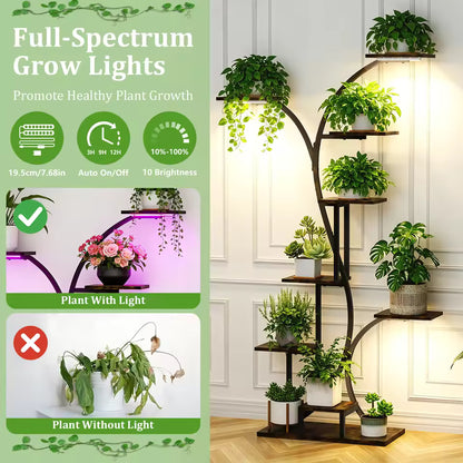 Tall, multi-tiered metal plant stand featuring integrated grow lights illuminating various potted plants.