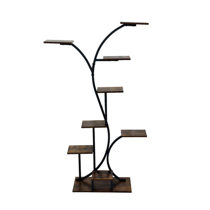 Tall multi-tiered curved metal and wood plant stand display rack isolated on white background.