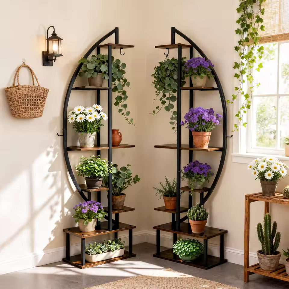 Two half-moon metal and wood plant stands in a corner holding potted plants and flowers.