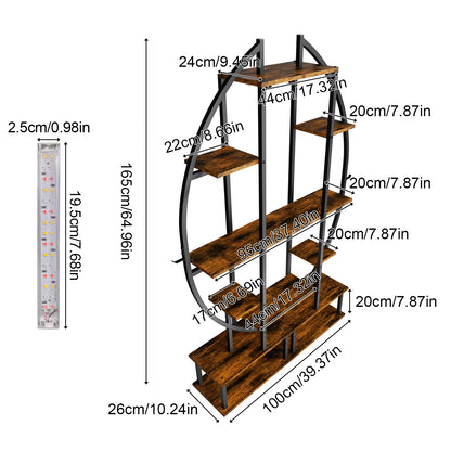 Dimension diagram for a multi-tiered circular plant stand and grow light strip.