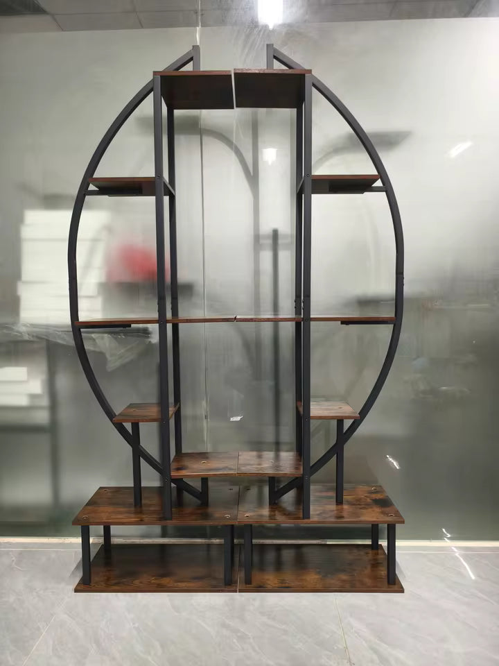 Tall half-moon metal plant stand set forming a circular multi-tiered wooden display shelf.