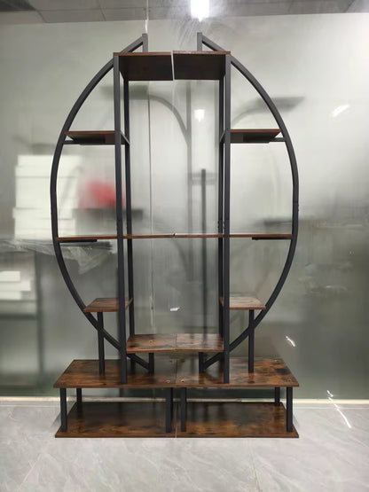Tall half-moon metal plant stand set forming a circular multi-tiered wooden display shelf.